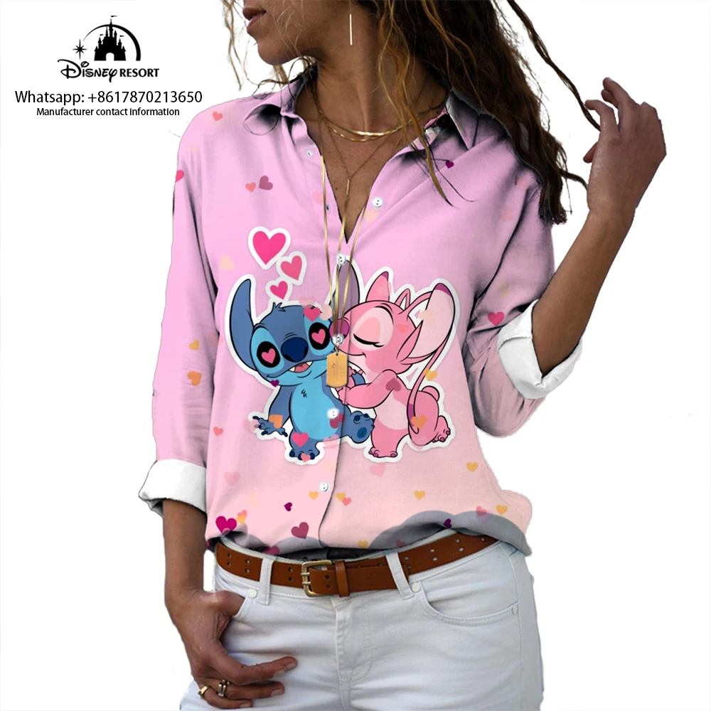 Street New 3D Fashion Harajuku Lapel Long Sleeve Single Breasted Shirt Lilo and Stitch Anime Print Casual Shirt Y2K