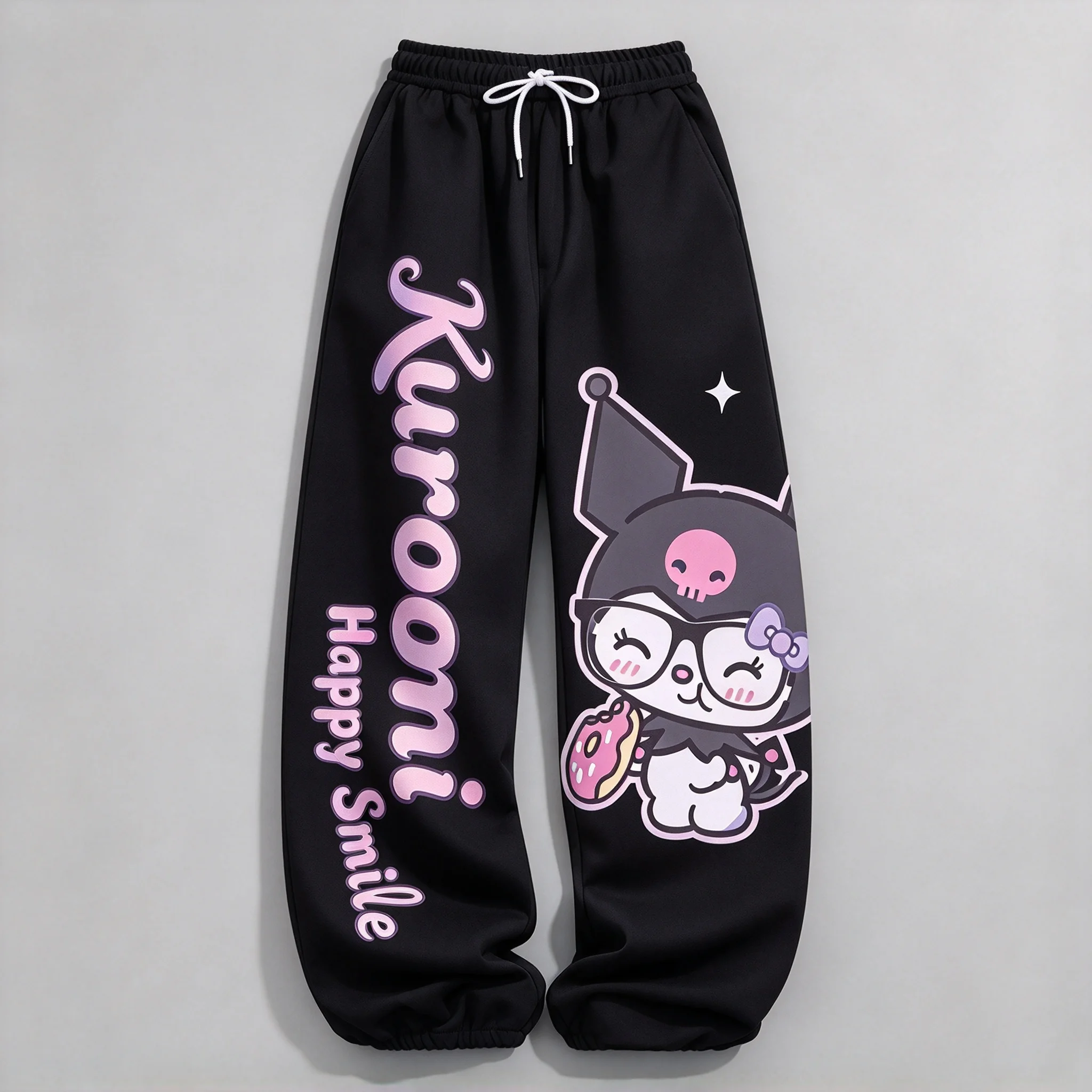 Cute Kuromi Donut Print Women Jogger Pants Loose Drawstring Trousers Kawaii Girls Casual Sport Pants Streetwear Loungewear