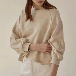 Women's Autumn Winter 100% Cotton Sweatshirt Loose Short Lantern Sleeve Spliced Pure Cotton French Casual Pullover Tops