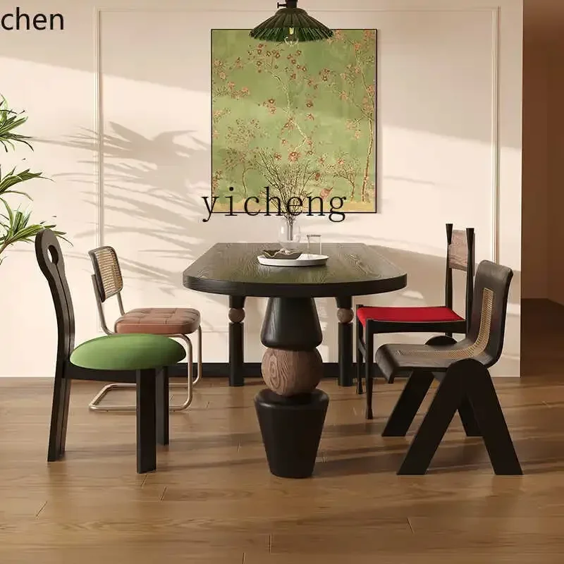 y9.4- French antique solid wood dining table retro oval home living room black wall dining table desk integrated