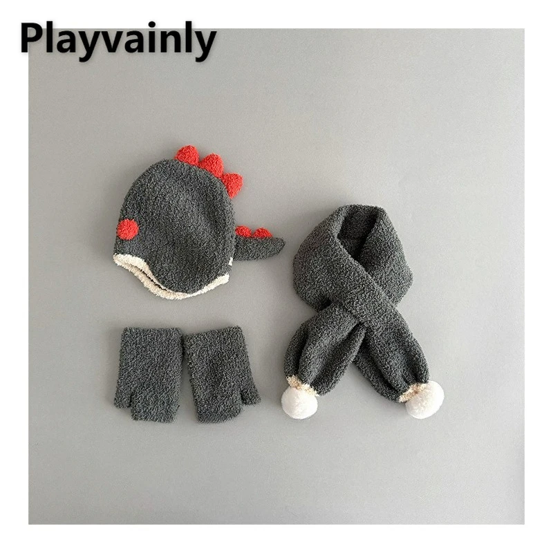 

Infant and Toddler Autumn Winter Warm 3-piece Set Cute Cartoon Animals Plush Ear Flap Hat+Scarf+Glove Kids Accessories H2007