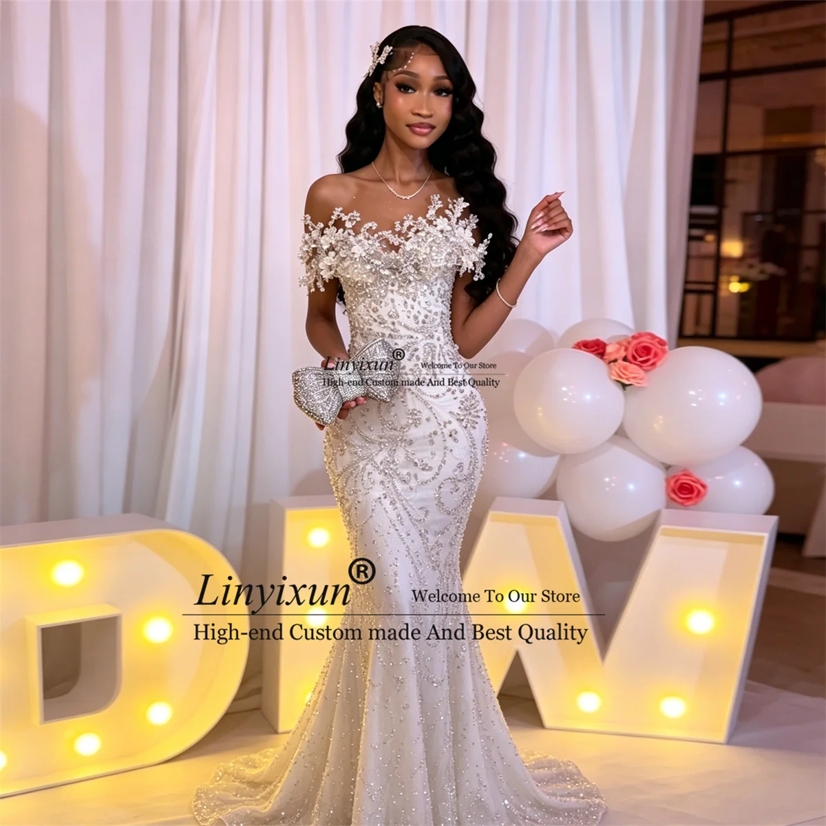 Stunning Beaded Diamond Mermaid Prom Dress Black Girls Formal Evening Party Gown Customized African Long Birthday Robe De Soiree
