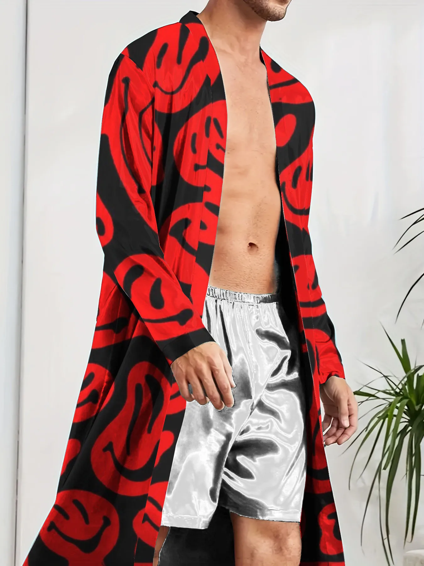 ثوب نوم رجالي بنمط وجه مبتسم مطبوع رقميًا للربيع والخريف، ثوب نوم كاجوال عصري، سريع الجفاف