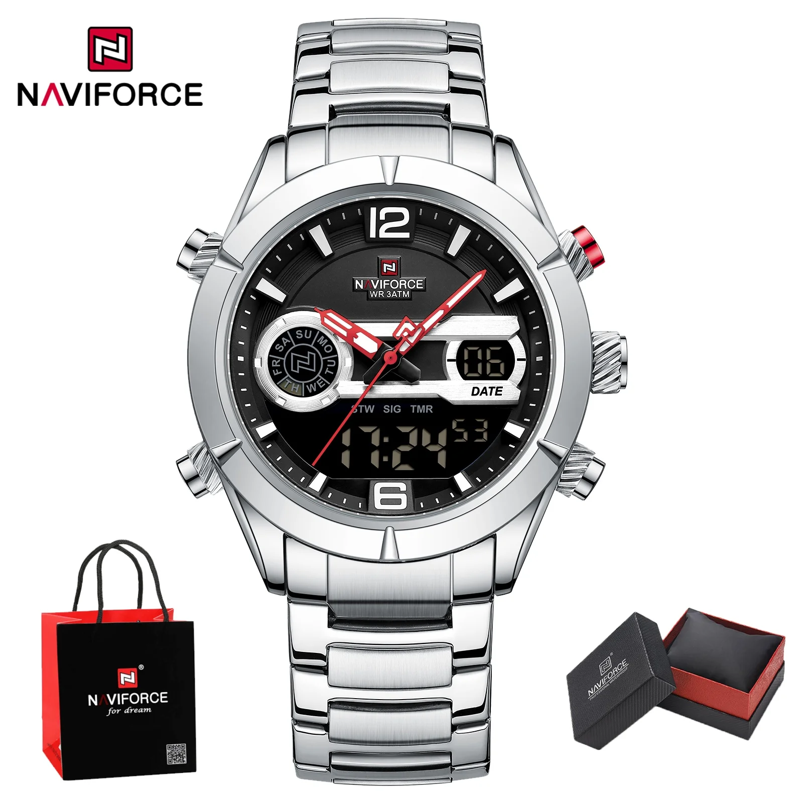 

NAVIFORCE 2025 мужские роскошные водонепроницаемые цифровые спортивные часы кварцевые наручные часы в стиле милитари светящийся ремешок из нержавеющей стали мужские подарки