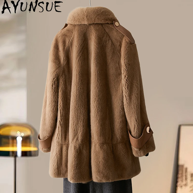 เสื้อโค้ทขนมิงค์แท้ AYUNSUE ปกคอปกแบบสูท ความยาวปานกลาง เสื้อคลุมคุณภาพสูงสำหรับผู้หญิง เสื้อโค้ทฤดูหนาวสำหรับผู้หญิงทำงาน เสื้อผ้าผู้หญิง