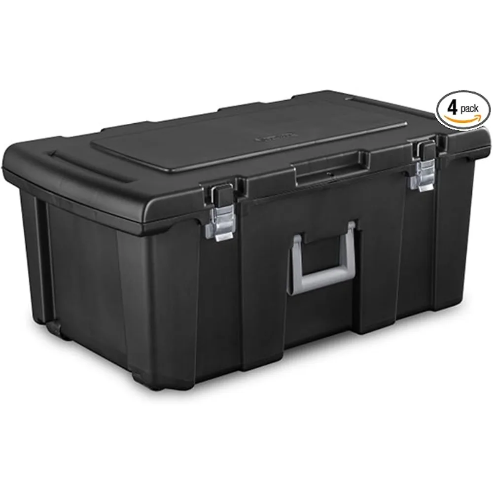 4 Pack Wheeled Footlocker, Lockable Plastic Utility Storage Container, Black