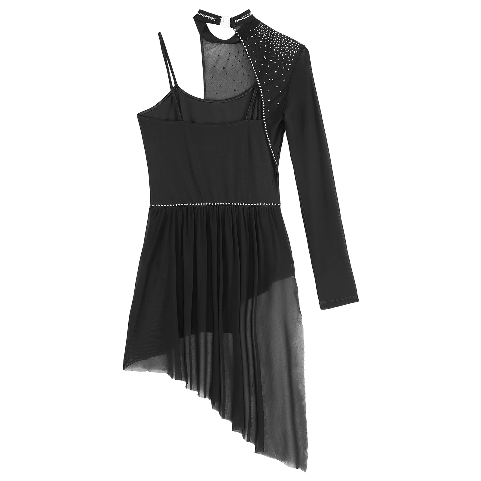 Womens Figure Skating Dress Lyrical Ballet Dance Gymnastics Leotard Sleeveless Asymmetrical Rhinestone Stage Performance Costume