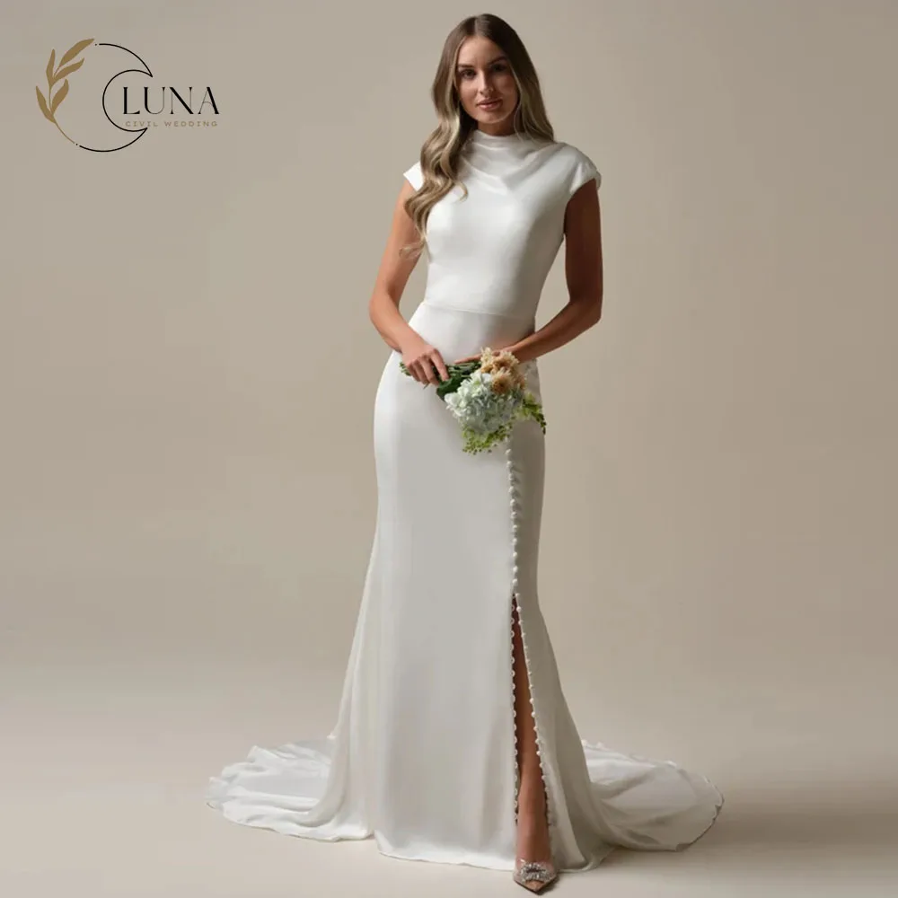 Luna Customized Satin High Collar Cap Sleeves Civil Wedding Dresses with Buttons and Slit Elegant Long Bride's Dresses