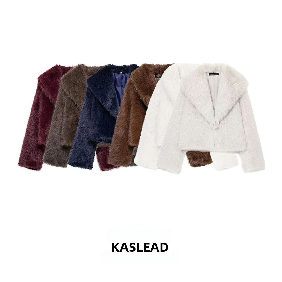 KASLEAD 新しい女性のファッションミニマリストショート人工毛皮コートストレートチューブスタイル長袖フリップカラーポリエステル繊維