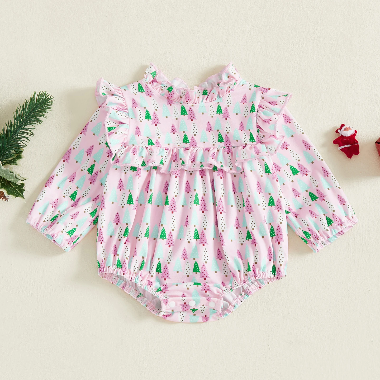 

SUNSIOM Baby Girls Ruffle Romper Fashionable Christmas Tree Printed Long Sleeve Frill Mock Neck Jumpsuit