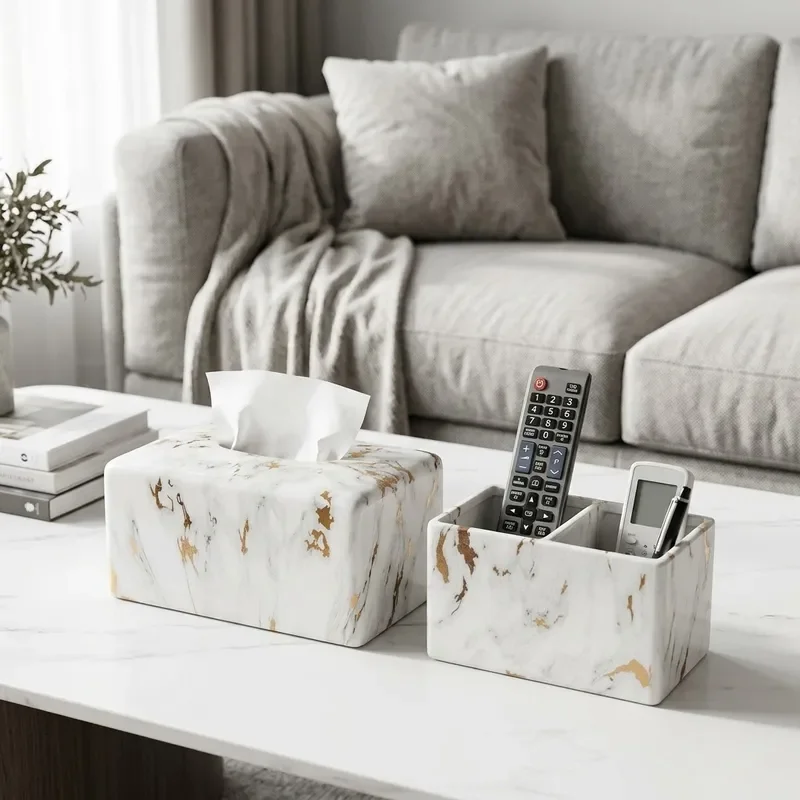 Light Luxury Marble Pattern Ceramic Tissue Box for Household Living Room Coffee Table Paper Holder Hotel Restaurant Desktop