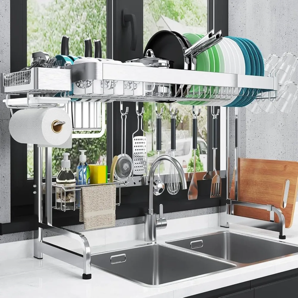 

Over The Sink Dish Drying Rack, 3 Tier Full Stainless Steel Over Sink Dish Drying Rack Adjustable Length