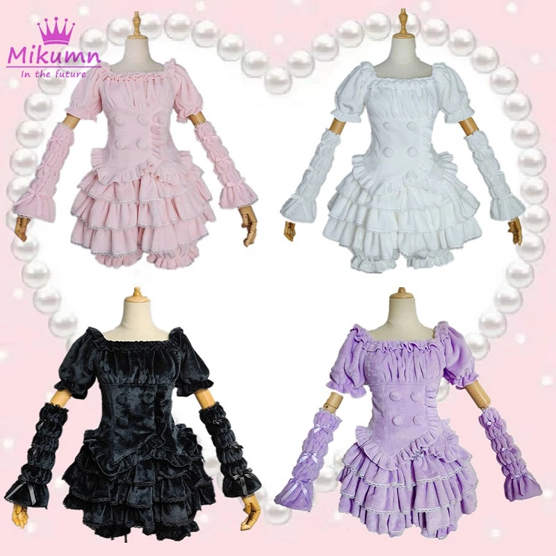 Harajuku Gothic Lolita Dress Sets Women Japanese Sweet Pink Kawaii Lace Ruffles Plush Mini Dress Princess Cosplay Party Dresses