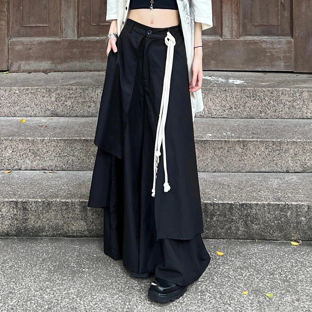 Y2k تنورة داكنة السراويل طبقة مزدوجة غير متناظرة الساموراي غير رسمية الجنس الشارع الشهير موضة القوطية واسعة الساق هاكاما للجنسين