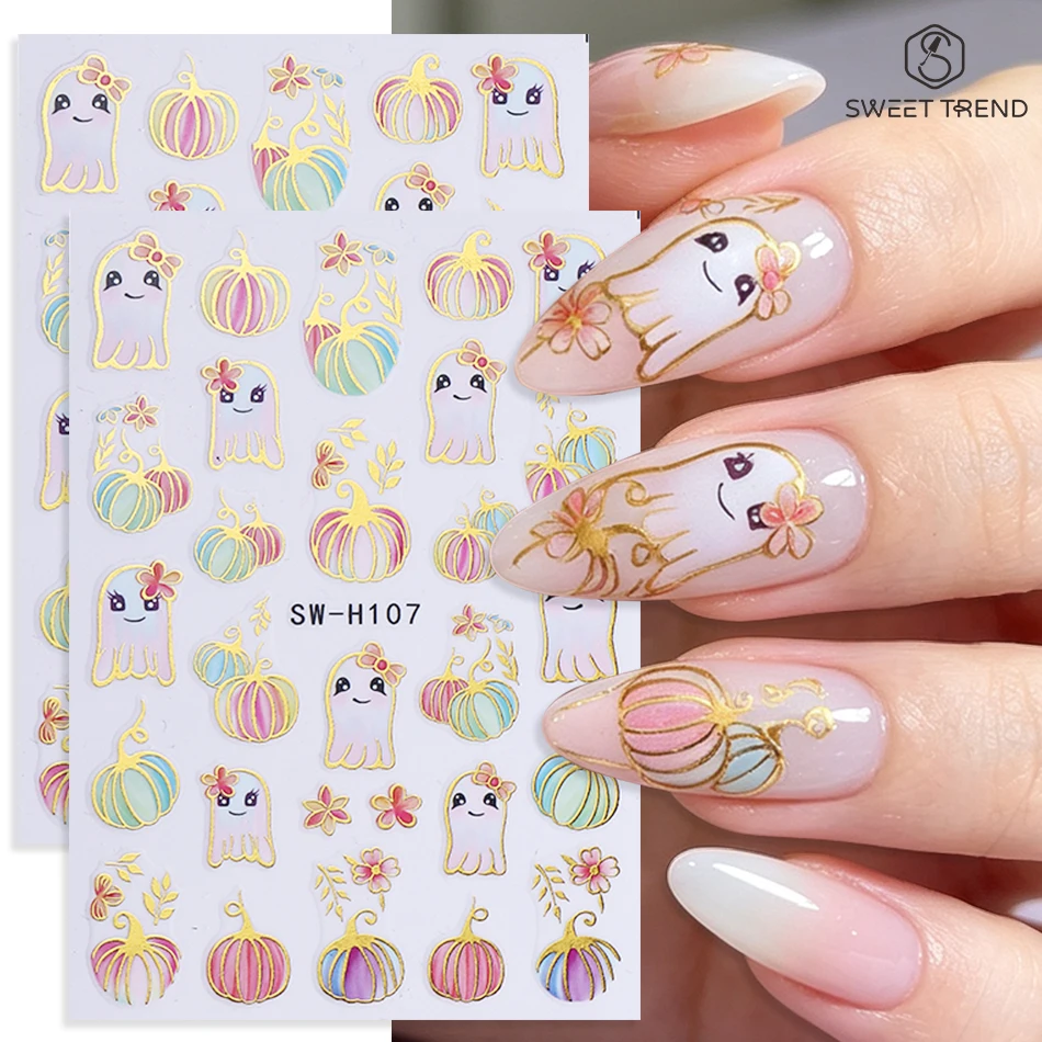 2 autocollants pour ongles Y2K Halloween, motif dessin animé fantôme et citrouille, bordure bronzante, autocollants adhésifs pour manucure DIY