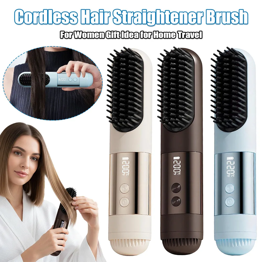 

Portable Hair Straightening Brush USB Rechargeable Hair Straightener Comb with 3 Temperature Settings & LED Display for Women