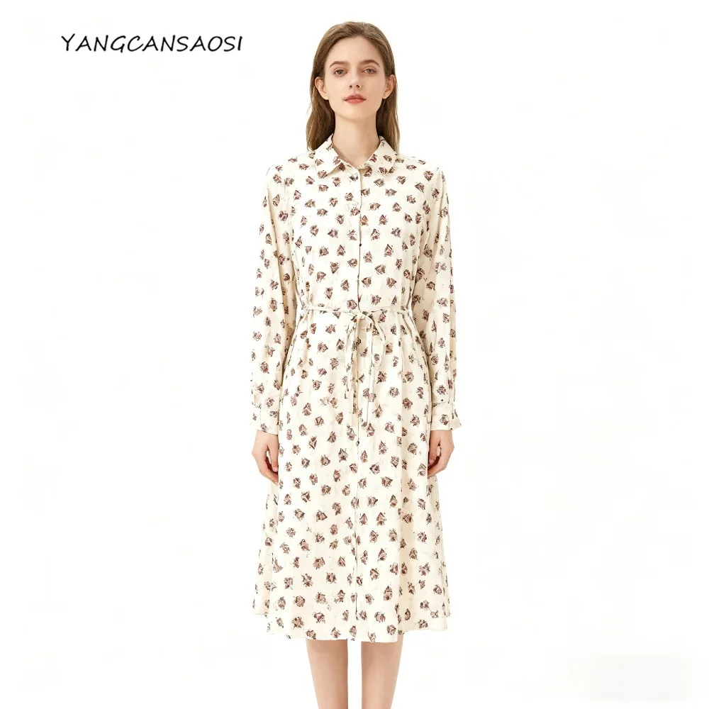 Damenmode-Kleidung, 90 % natürliche Maulbeerseide, elastischer Satin, elegantes Temperament, Schnürkragen, einreihiges Kleid