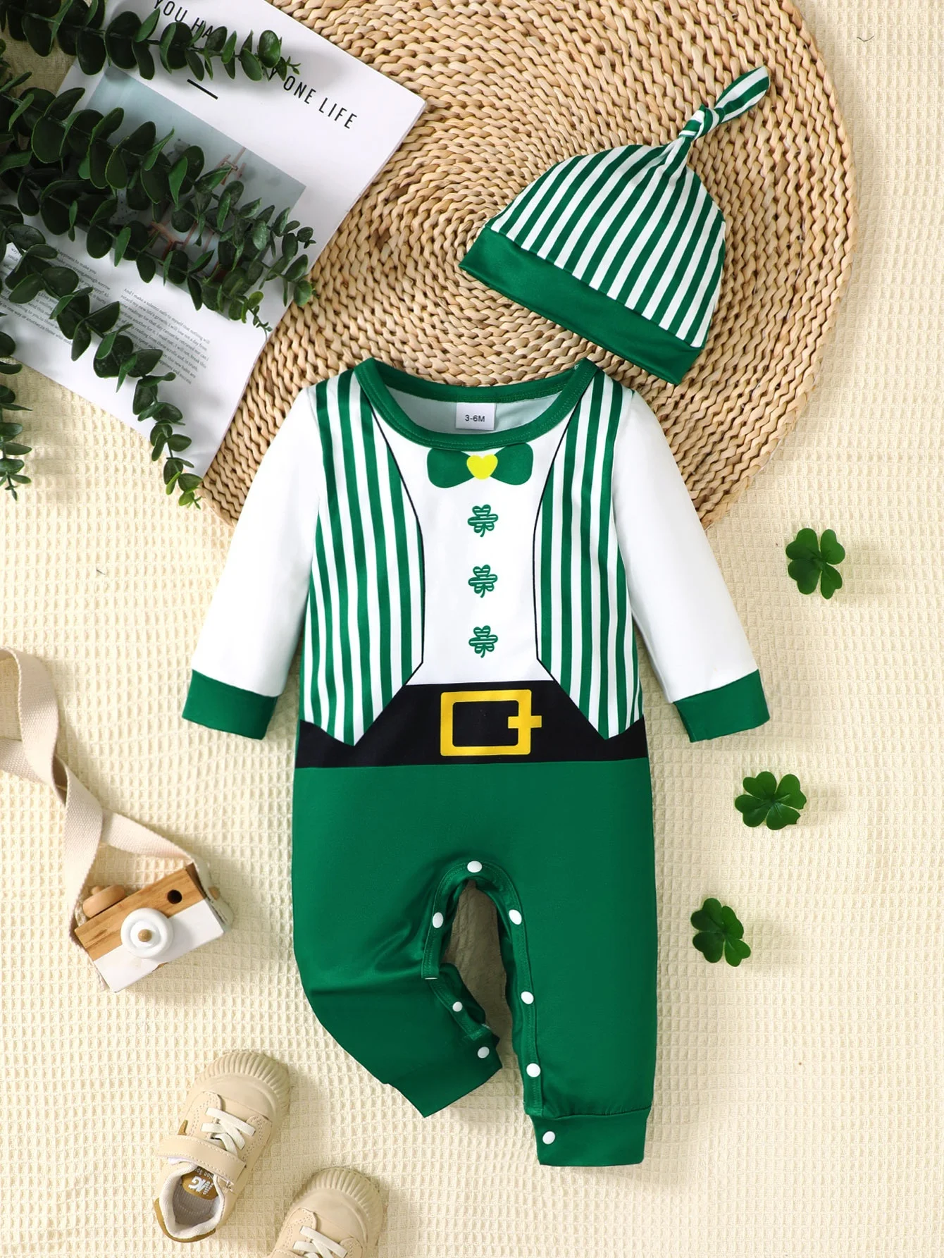Winter  0-1 Years Old  Infant  Baby  Boys  Four  Leaf  Clover  Print   Long  Sleeved   Jumpsuit  With  Hat