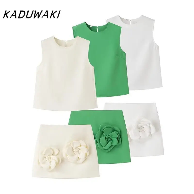 KADUWAKI French Retro Round Neck Sleeveless Undershirt Chic Versatile Zipper Three-dimensional Flower Decoration Bustier Ins Set