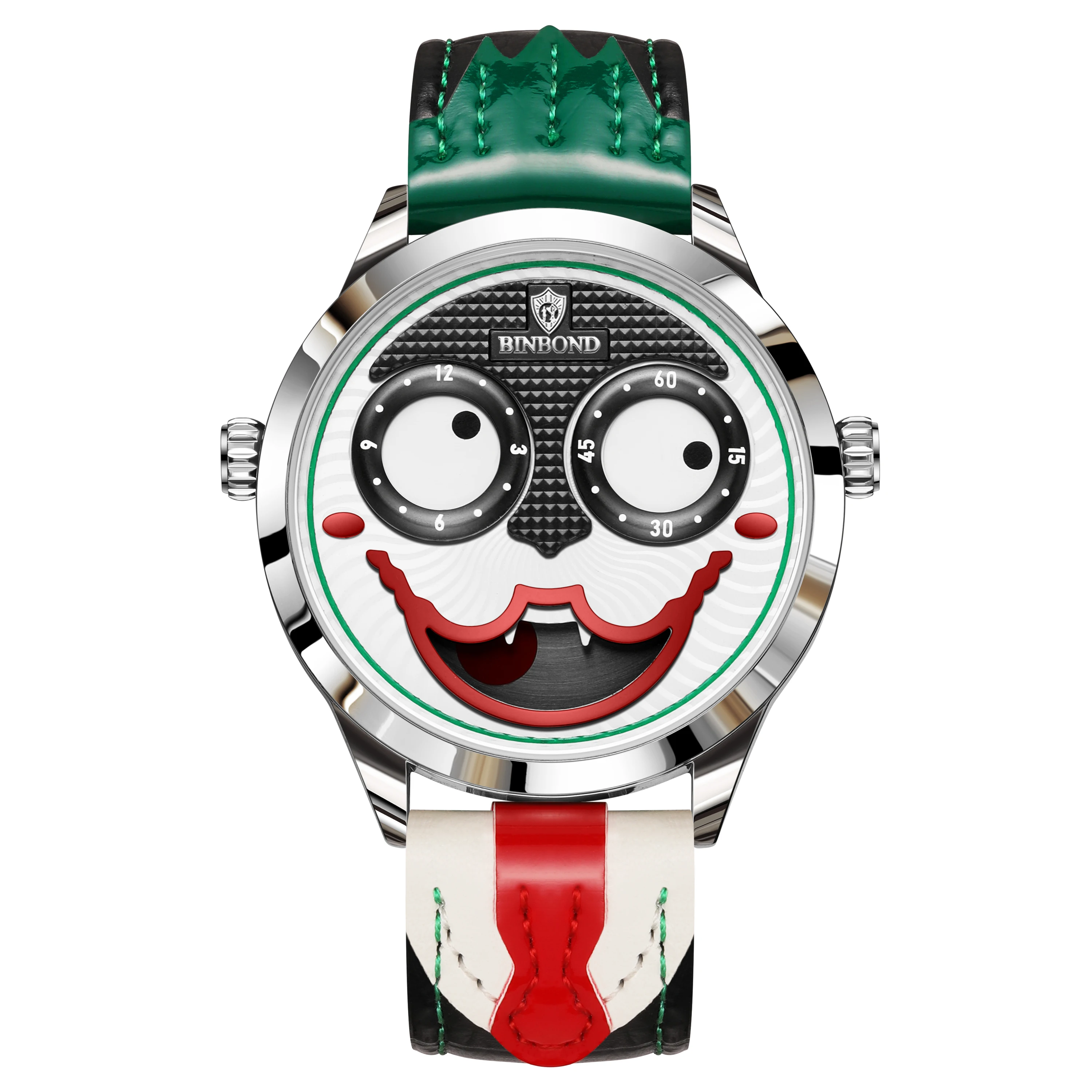 BINBOND Herrenuhr, präzise Quarzuhren für Herren, luxuriös, wasserdicht, lässig, robuste Lederarmbanduhren, Clown-Gesicht, Reloj
