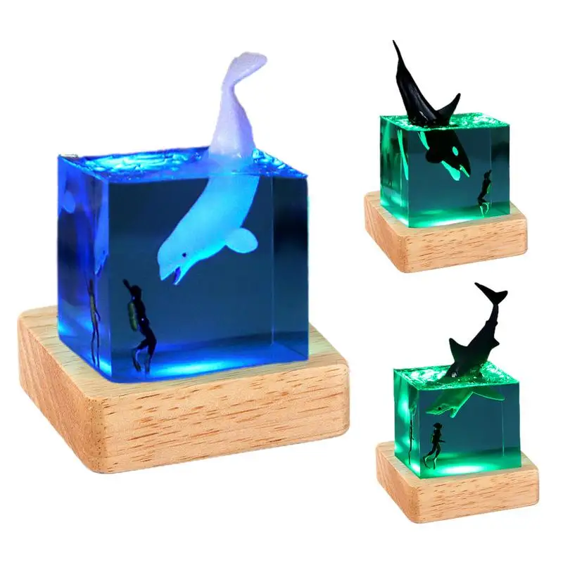 Marine Resin Whale Humpback Whale 5cm Cube Ornament Luminous Mini Night Light Birthday Gift Ornament Lamp Plug-in Novelty