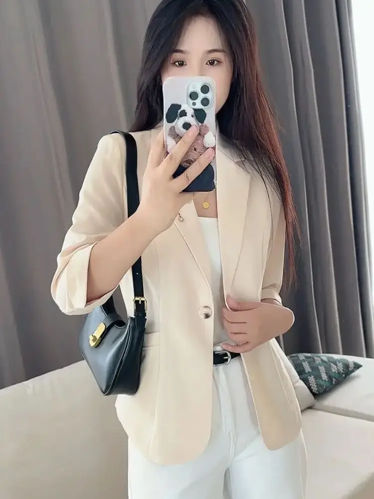 Spring and Summer New Women's Casual Small Suit Trendy Western Style Three-Quarter Sleeve Buckle Coat Thin and Comfortable Top