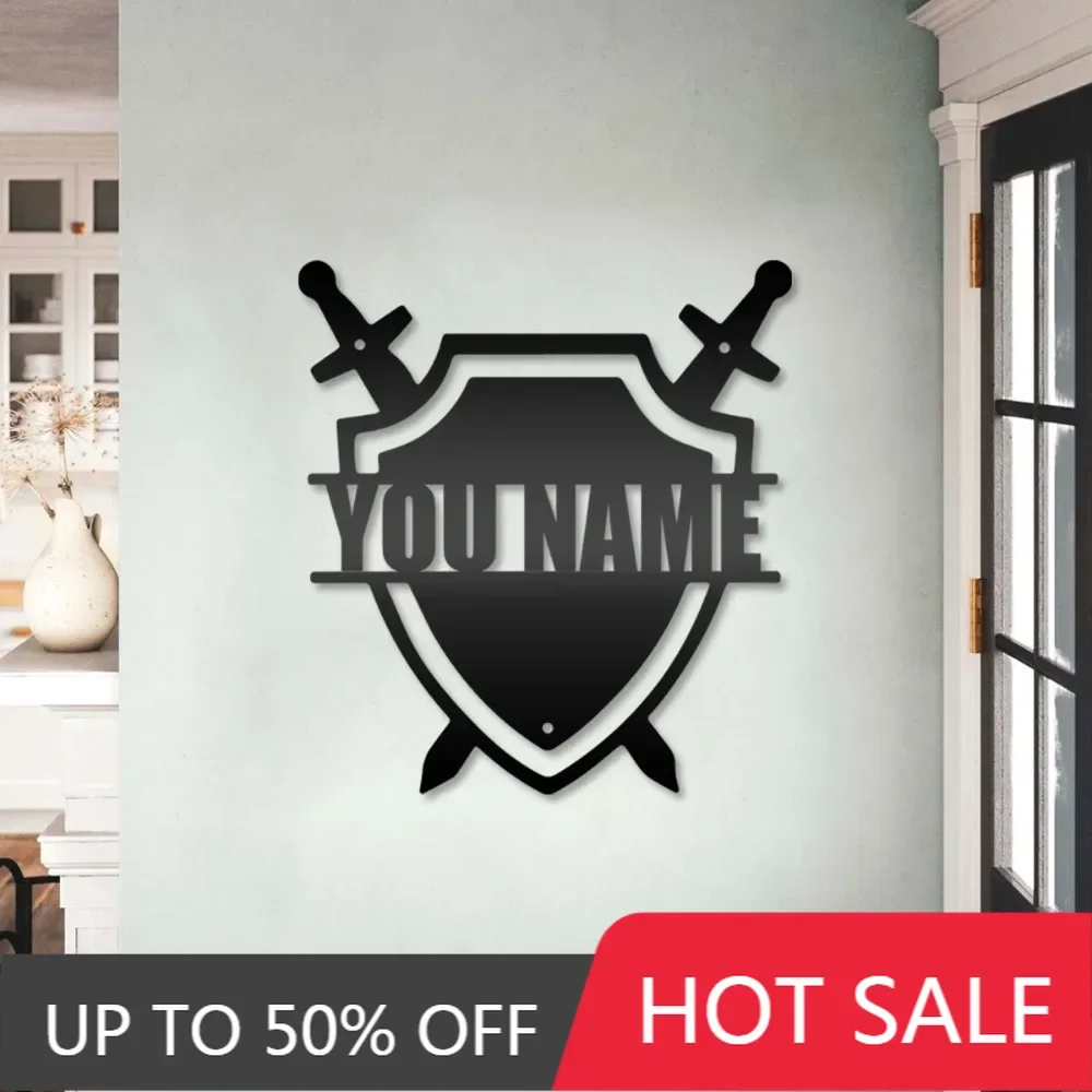 

Iron Art Decorative Painting Customized Gothic Knight Shield Metal Wall Decoration with Tailored Nameplate for Stunning Chamber