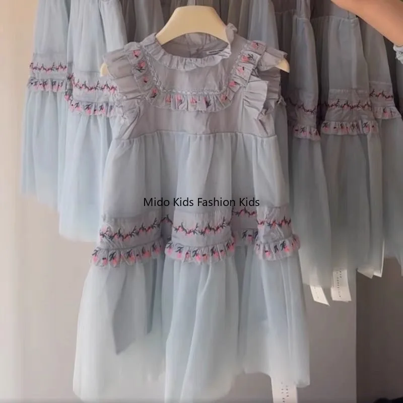 2026 New Summer 1-10Y Girls Dress Vintage Embroidery Tulle Princess Dress, Elegant Palace Style Fluffy Ball Gown for 90-140cm