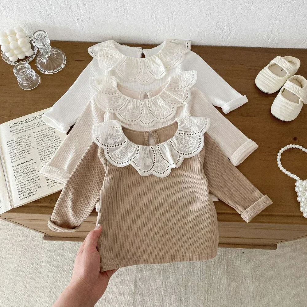 

Baby Clothes Autumn Infant Girls Long Sleeve T-shirts Lace Lotus Collar Princess Kids Ribbed Bottoming Shirt Toddler Cotton Tops