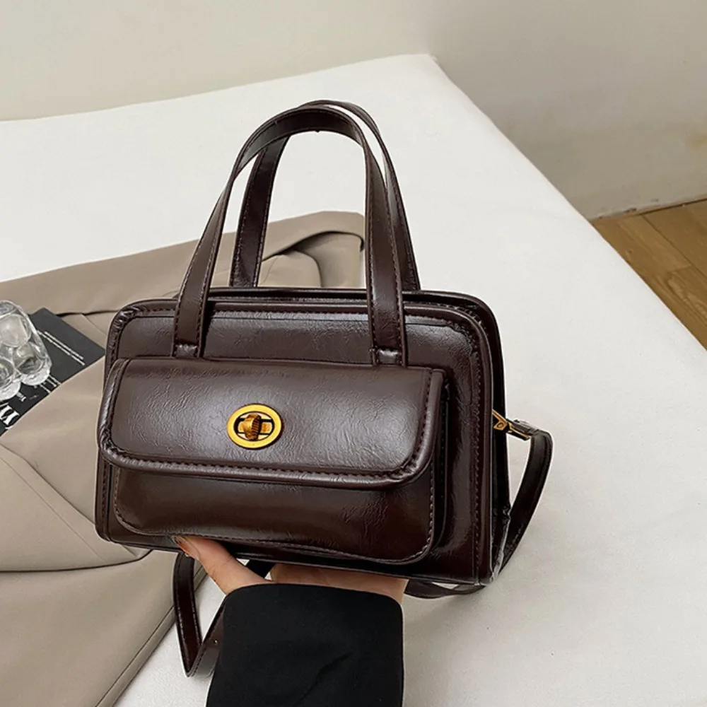 

Simple Korean Style PU Bowling Bag Handbag Minority Design Pocket Boston Tote Bag French Style Solid Color Underarm Bag Travel