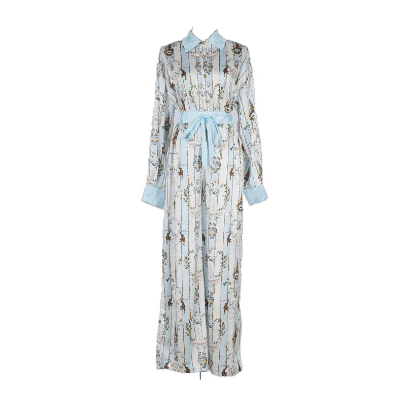 Faionable Loose Long Sve Printed Collar Set Women's Clothing Polyester Wide Leg Pants Gored Skirt Sle Casual Wear