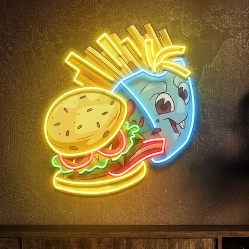 hamburger fries art neon sign ornamento personalizado led neon luz para porta aberta luzes de decoracao fast food restaurante decoracao 01