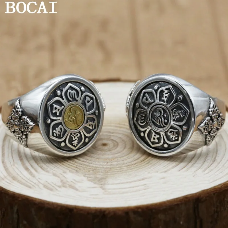 

BOCAI NEW S925 Sterling Silver Retro Personality Six Character Mantra Rotating Ring Men's Style