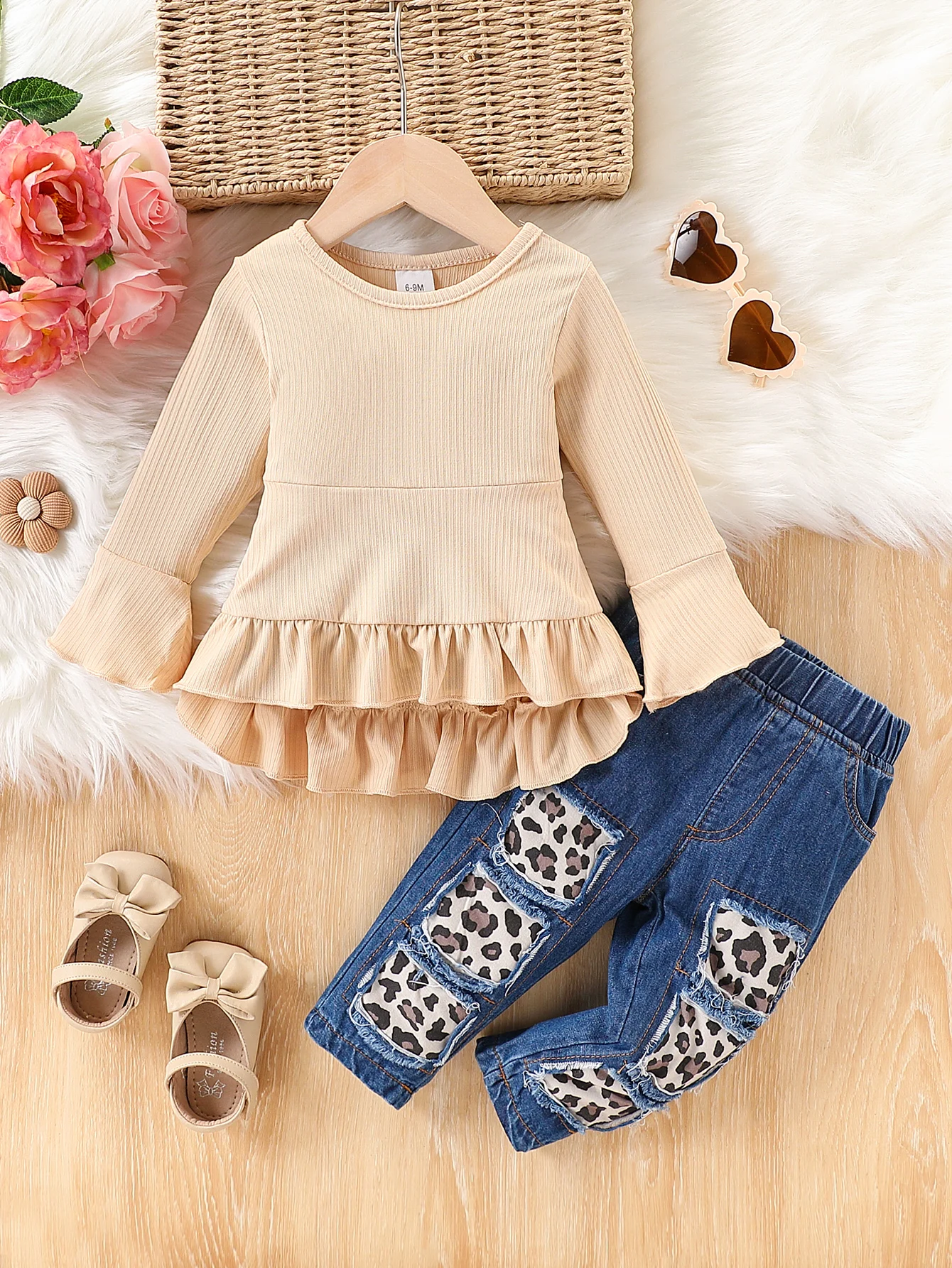 Beige Ribbed Bell Sleeve Ruffle Tunic Top Infant Girl Matching Leopard Patch Ripped Jeans Soft Cotton Autumn Daily Outfit 6M-3 Y