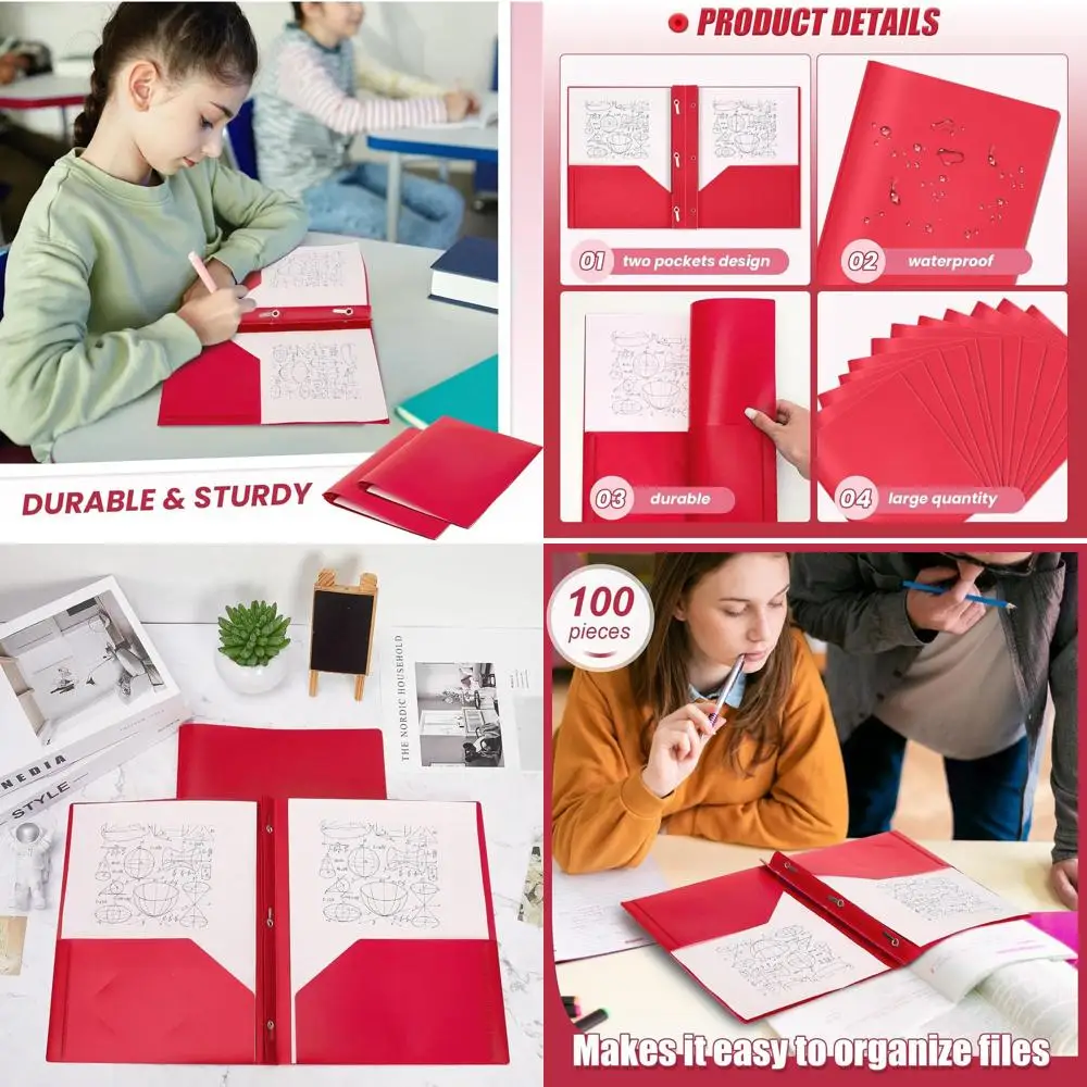 

Plastic Folders with Pockets and Prongs - 100 Pack for Office, School, Students, Teachers, and Office Workers (Red)