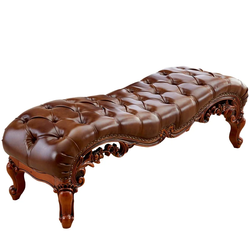 

Side stool European solid wood carving flower sofa stool American light luxury long bed bedroom front stool shoe changing