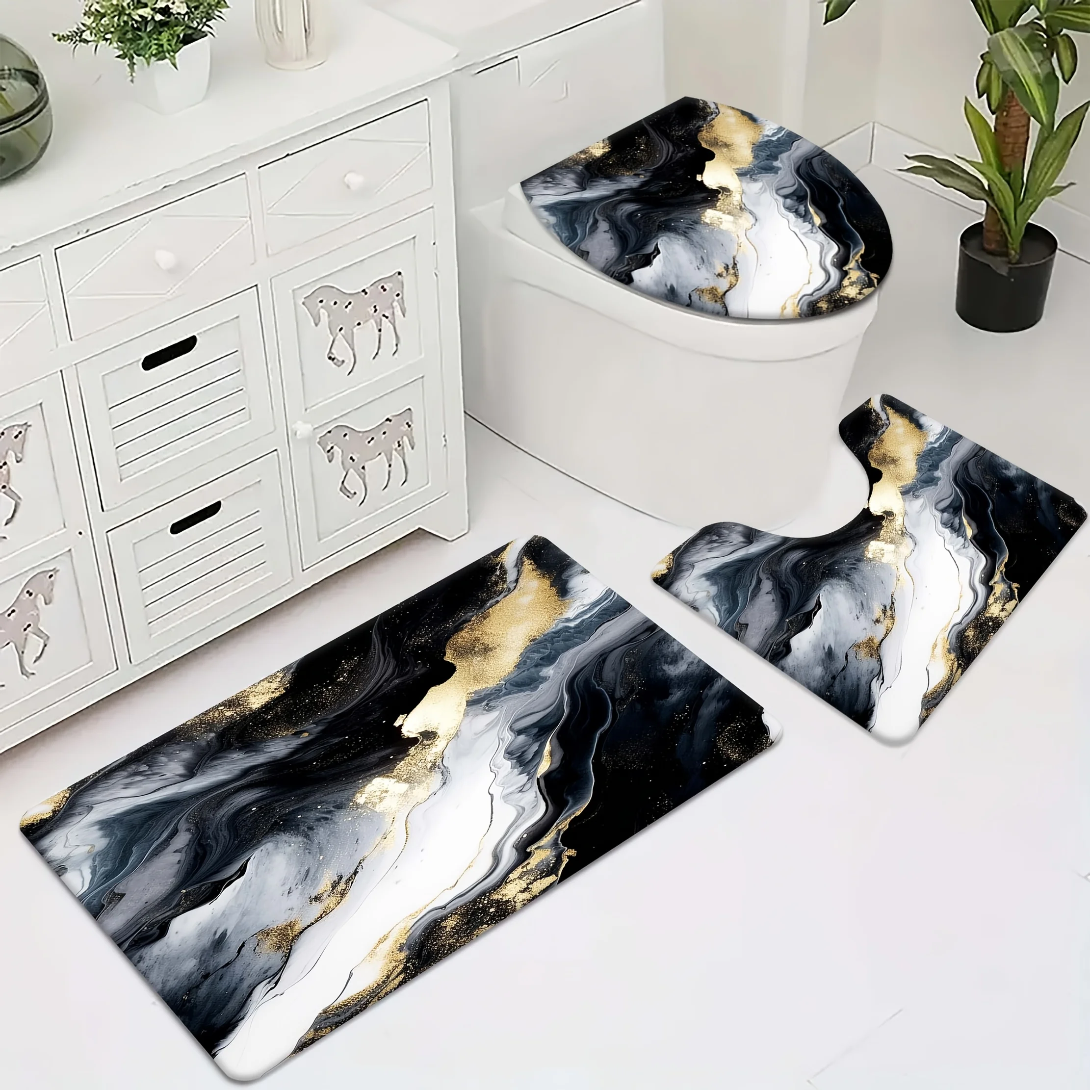 

Набор для ванной комнаты из трех частей, включая плюшевый коврик для унитаза, коврик для ног с краями ванны, впитывающий коврик с принтом и нескользящий коврик для ванной комнаты.