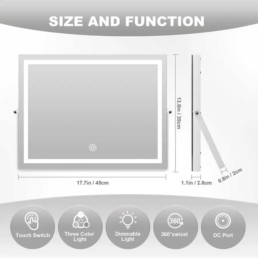 조명이 있는 화장 거울, 17.7 x 13.8 LED 메이크업 거울, 10배 확대, 스마트 터치 3색 조광, 밝기 조절 가능