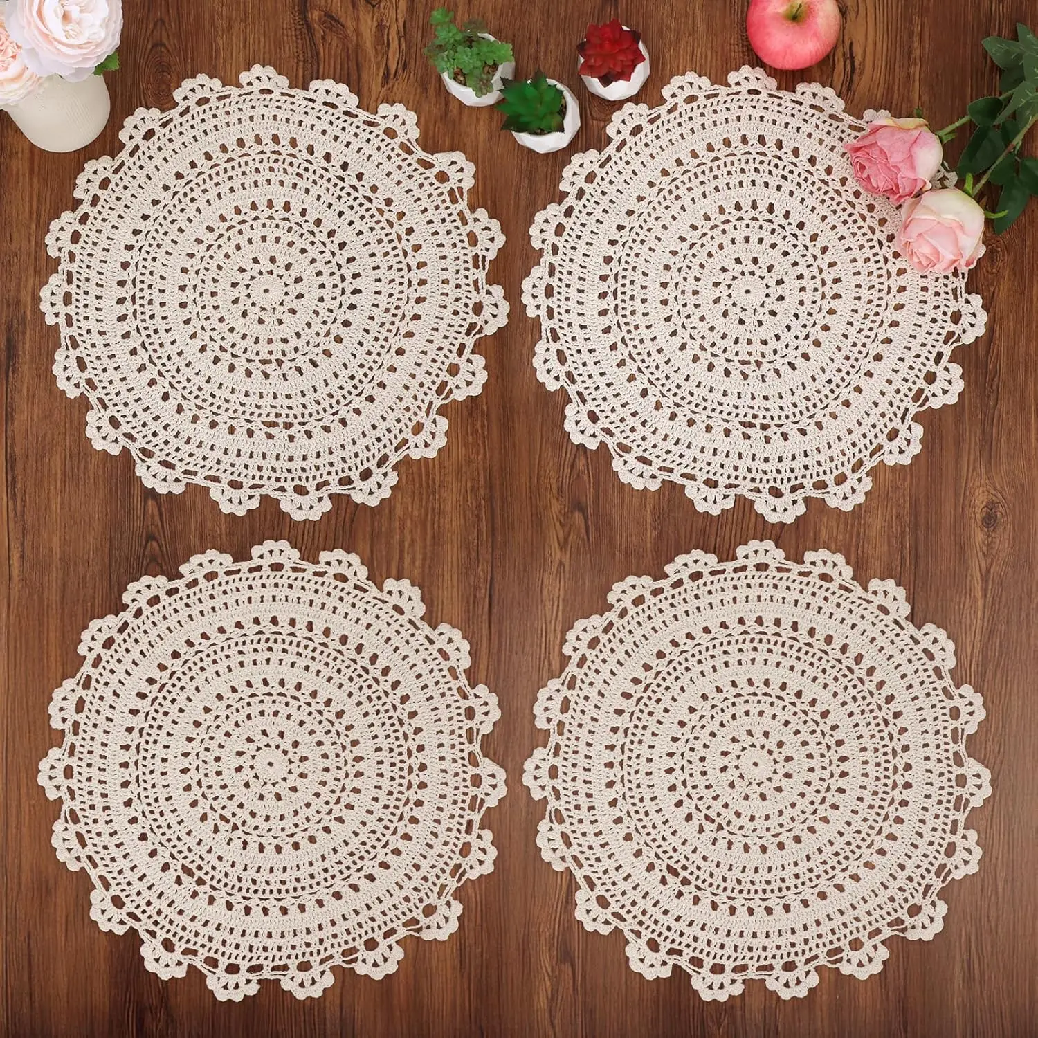 

4PCS 5-17 inch Handmade Crochet Round Cotton Lace Table Placemats Doilies Value Pack Cup Mat doliy Table Cloth Beige
