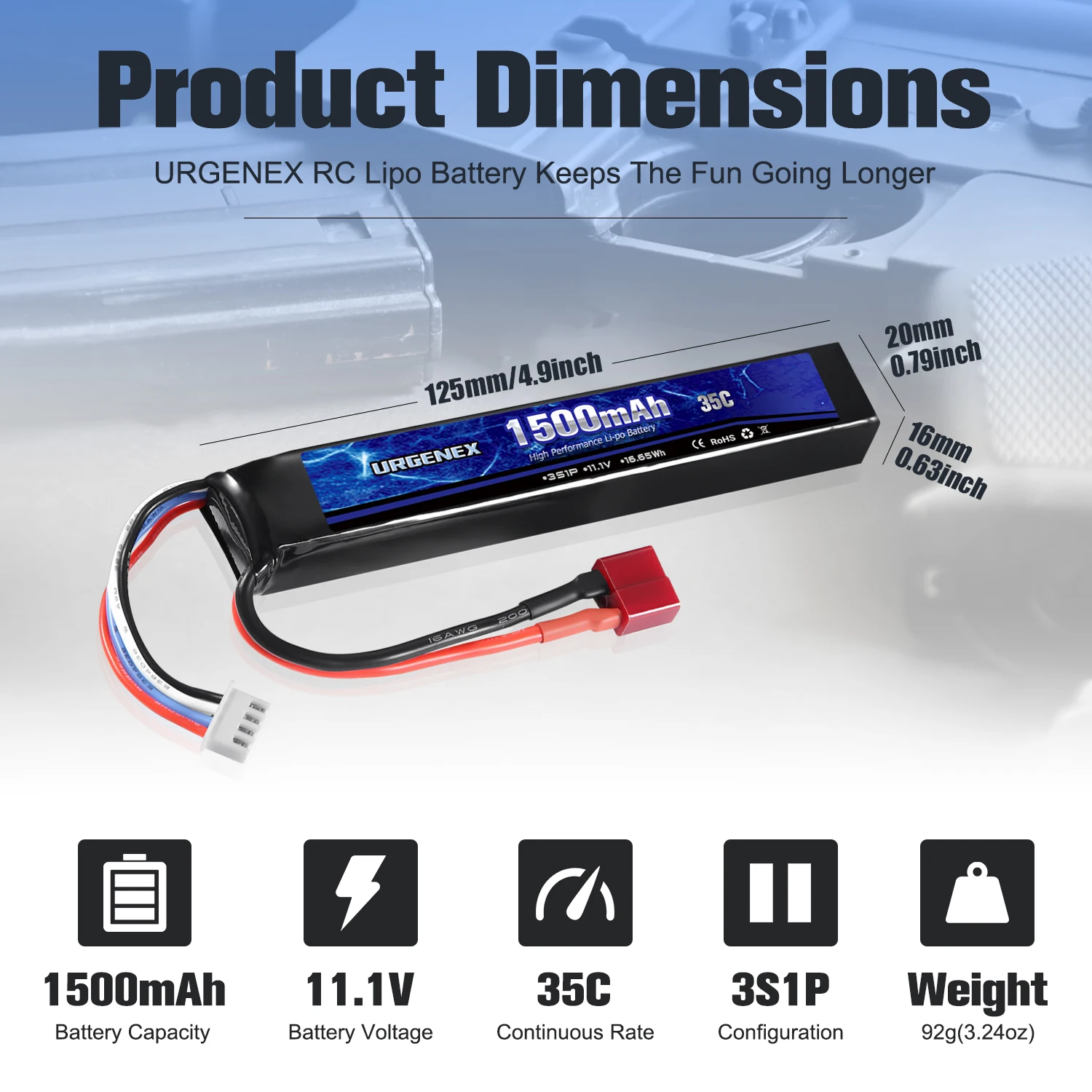 URGENEX Airsoft Battery 11.1V 1500mAh 35C High Discharge Rate Lipo Battery Pack with Deans T Plug Rechargeable 3S Lipo Battery f
