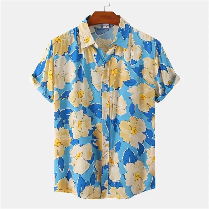 Men's 2025 Hawaiian Casual Fashion Social Beach Style Short Sleeve Oversized Flower Print Loose Vintage Patry Shirt Blouse Tops