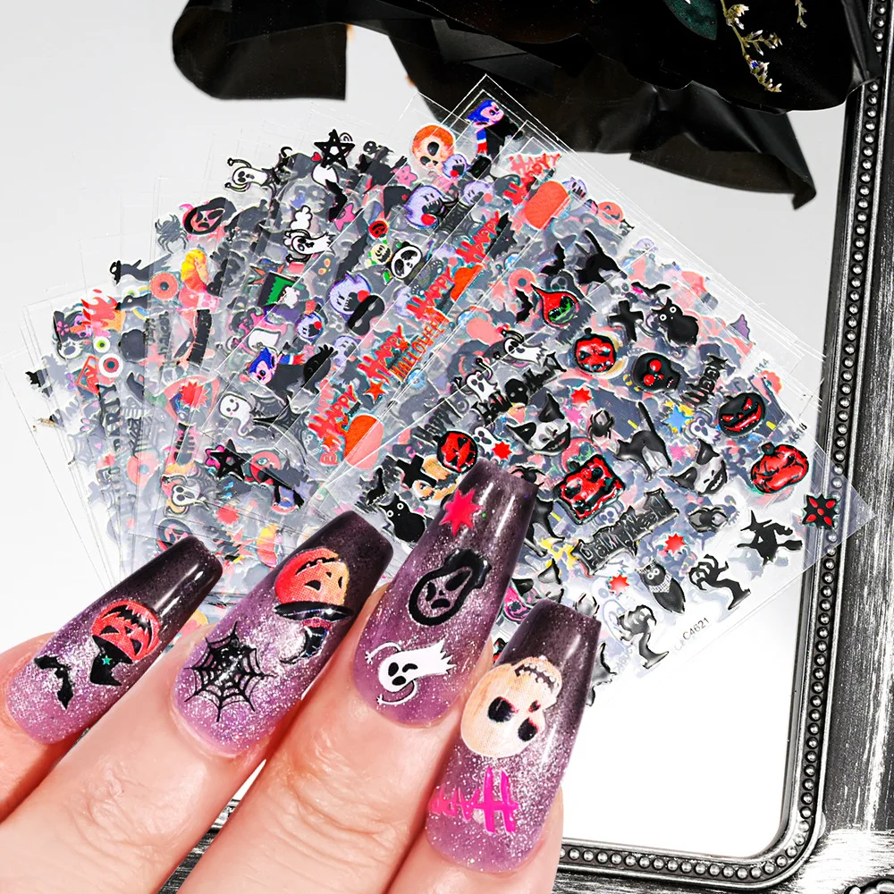 10 Sets Halloween-Nagelkunst-Aufkleber mit Totenkopf-, Kürbis- und Fledermaus-Motiven, dunkle Halloween-Hauptmotiv-Nagelaufkleber