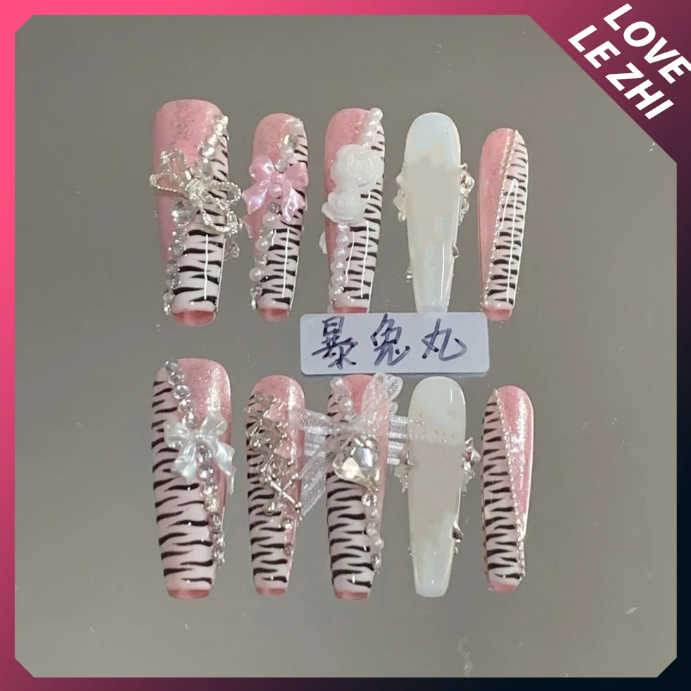 10Pcs Spice Girl Long Stiletto Coffin Handmade Full Cover Nails Sanrio Kt Glitter Diamond Metal Chain Flowers Wearable Fake Nail - Image 3
