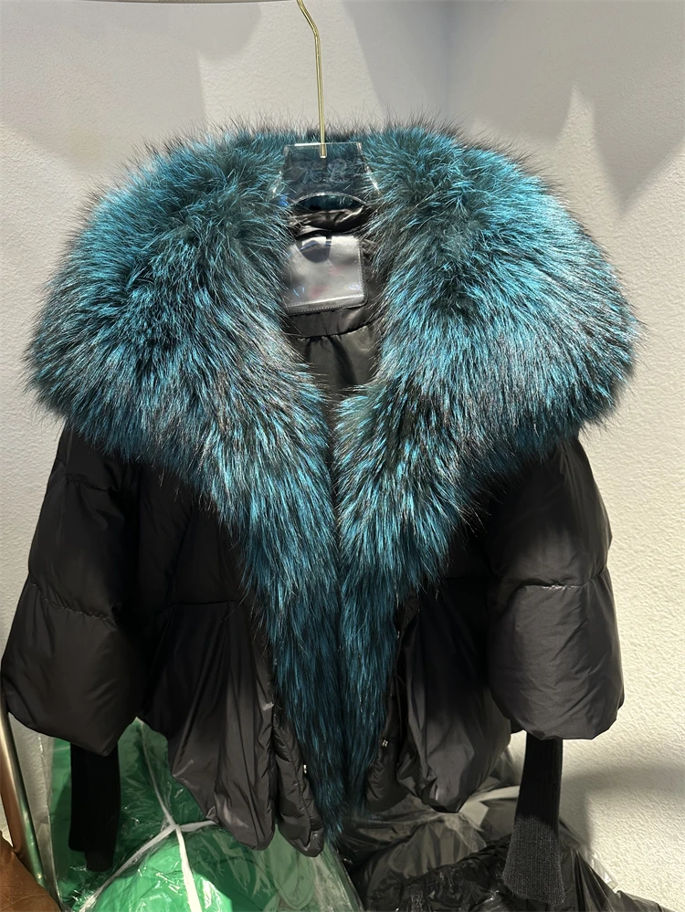 OFTBUY New Duck Down Jacket Winter Coat Women Super Large Real Silver Fox Fur Collar Jacket Knit Sleeve Fashion Luxury Outerwear