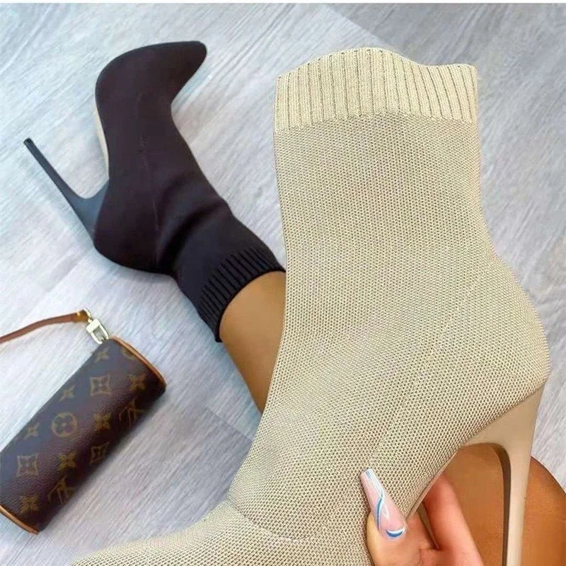 Spring Autumn Sock Boots Sexy Knitting Stretch Boots High Heels for Women Fashion Shoes Female Autumn Thin Heel Botas De Mujer