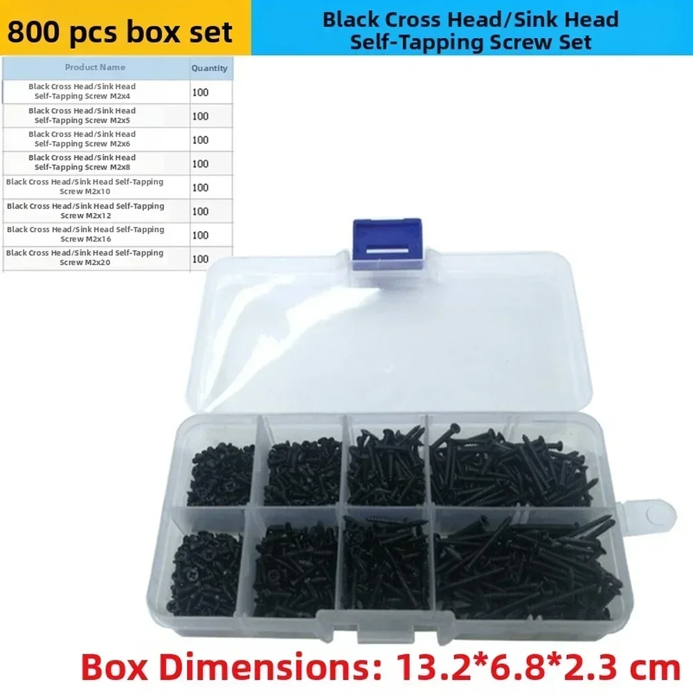800pcs M2 Black Cross Countersunk Flat Head Self Tapping Screws For Computer Electronics Assembly Toys And Small Household