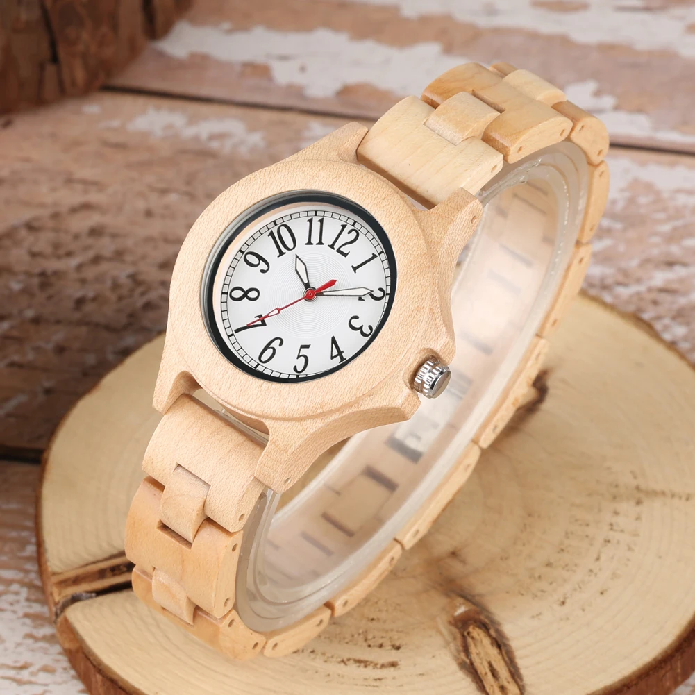 Natural Maple Wood Quartz Ladies Watch Bracelet Clasp Buckle Full Wooden Wristband Arabic Numerals Round Dial Women Watches