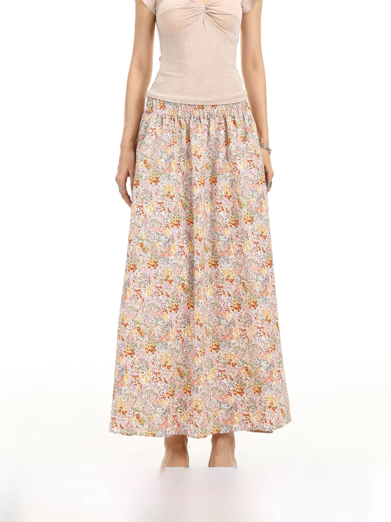 Slimming Floral Print Half Skirt Elastic Waist Country Style Women's Summer Versatile Mid-Length A-Line Skirt Breathable Liner