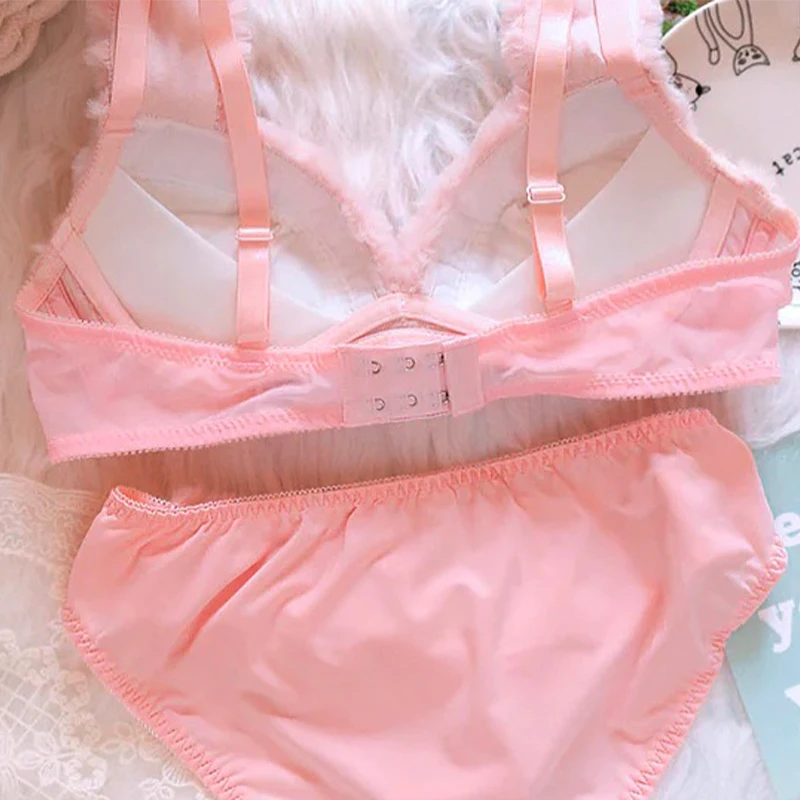 My Melody Fluffy Bra Set Comfort Wireless Bras for Women Sexy Soft Fleece Bra Sets Women's Underwear Cotton Bras for Large Bust