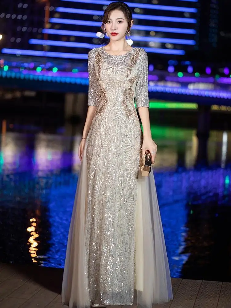 

Длинное вечернее платье 2024 года, новое, блестящее, с пайетками, женское, для выступлений, корейский стиль, глубокий V-образный вырез, полиэстер